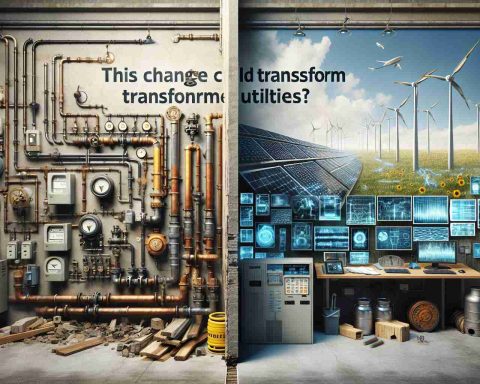 Generate a realistic high definition image representing transformation in utility systems. Display traditional gas systems juxtaposed with modern, emerging technologies that could potentially make them obsolete. The scene is set indoors with a wall split down the middle, showing the old gas systems on one side and the new innovations on the other. On the traditional side, show pipelines, meters, and worn-out machinery. On the modern side, display digital monitors, solar panels, and wind turbines. Include the text 'This Change Could Transform Utilities! Are Traditional Gas Systems Becoming Obsolete?' on the top in bold lettering.