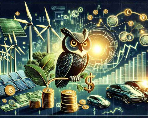 Visualize a highly-detailed image symbolizing the concept of green energy as the next potential gold rush. Include elements of renewable energy sources such as wind turbines, solar panels, and electric cars. Complement these with symbols of investment such as stock charts, coins, and a wise owl choosing where to invest. Make sure the orientation of elements implies a rush or surge, potentially in the form of a charging arrow or showing growth on stock charts.