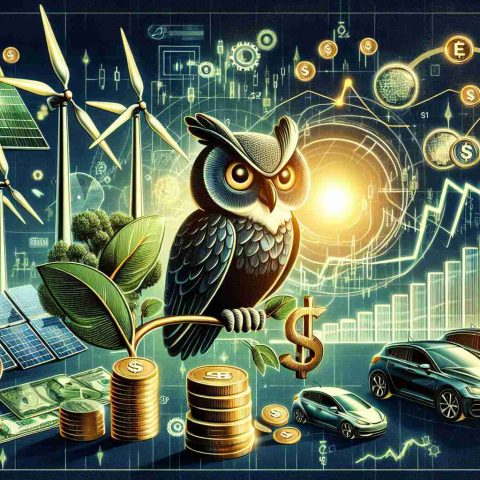 Visualize a highly-detailed image symbolizing the concept of green energy as the next potential gold rush. Include elements of renewable energy sources such as wind turbines, solar panels, and electric cars. Complement these with symbols of investment such as stock charts, coins, and a wise owl choosing where to invest. Make sure the orientation of elements implies a rush or surge, potentially in the form of a charging arrow or showing growth on stock charts.