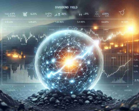 A realistic, high-definition representation of the concept 'Dividend Yield' associated with a fictional coal mining company. The image could include a glowing spherical diagram symbolizing untapped potential, overlaid on a background of coal mines. Details such as stock charts showing the upward trend, dividend yield percentage and company's logo can be included. Please note that the company is fictitious, so any logos or names should also be imaginary.