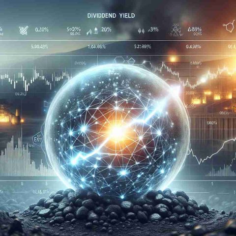 A realistic, high-definition representation of the concept 'Dividend Yield' associated with a fictional coal mining company. The image could include a glowing spherical diagram symbolizing untapped potential, overlaid on a background of coal mines. Details such as stock charts showing the upward trend, dividend yield percentage and company's logo can be included. Please note that the company is fictitious, so any logos or names should also be imaginary.