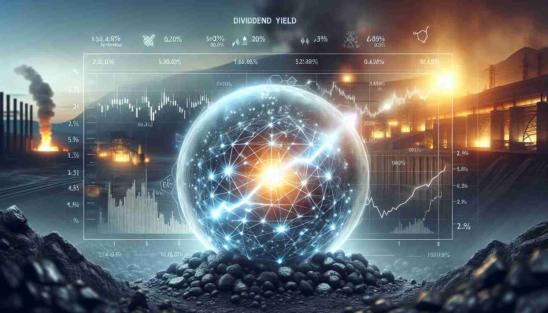 A realistic, high-definition representation of the concept 'Dividend Yield' associated with a fictional coal mining company. The image could include a glowing spherical diagram symbolizing untapped potential, overlaid on a background of coal mines. Details such as stock charts showing the upward trend, dividend yield percentage and company's logo can be included. Please note that the company is fictitious, so any logos or names should also be imaginary.