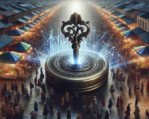 A high definition, realistic image showcasing the concept of 'unlocking hidden features.' The scene is set in a marketplace bustling with people of diverse descents. A large, ornate key is turning in an intricate lock, symbolically representing the unlocking of hidden market secrets. Light beams burst from the lock, illuminating graphs, charts, and trends that were previously concealed within the bustling market.