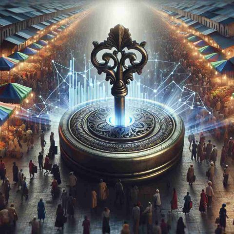 A high definition, realistic image showcasing the concept of 'unlocking hidden features.' The scene is set in a marketplace bustling with people of diverse descents. A large, ornate key is turning in an intricate lock, symbolically representing the unlocking of hidden market secrets. Light beams burst from the lock, illuminating graphs, charts, and trends that were previously concealed within the bustling market.