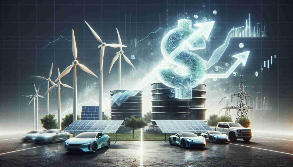 A visual representation of the concept of clean energy as the next large-scale investment opportunity. Think of an image with elements such as solar panels, wind turbines, and electric cars to represent clean energy, possibly juxtaposed with a large dollar sign or a depiction of a growing financial chart to symbolize the investment aspect. This scene should be rendered in a realistic, high-definition style.