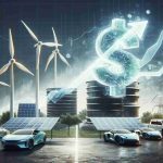 A visual representation of the concept of clean energy as the next large-scale investment opportunity. Think of an image with elements such as solar panels, wind turbines, and electric cars to represent clean energy, possibly juxtaposed with a large dollar sign or a depiction of a growing financial chart to symbolize the investment aspect. This scene should be rendered in a realistic, high-definition style.