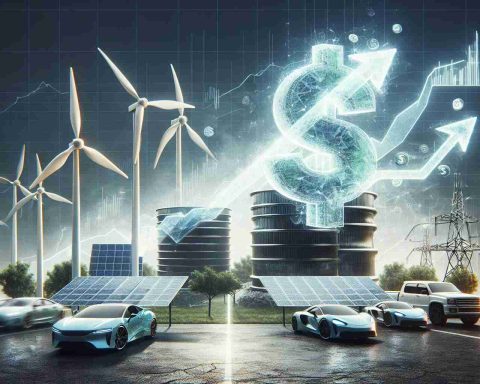 A visual representation of the concept of clean energy as the next large-scale investment opportunity. Think of an image with elements such as solar panels, wind turbines, and electric cars to represent clean energy, possibly juxtaposed with a large dollar sign or a depiction of a growing financial chart to symbolize the investment aspect. This scene should be rendered in a realistic, high-definition style.