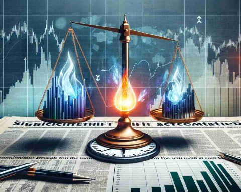 A conceptual illustration representing the market anticipation for a significant shift in a hypothetical energy company. Display a balanced scale, on top of a newspaper headlined 'Significant Shift Anticipated'. Have stock market graphs and charts in the background, with arrows indicating upward and downward trends. Amplify the sense of anticipation with a countdown clock, and place a glowing symbol representing energy at the heart of the scene.