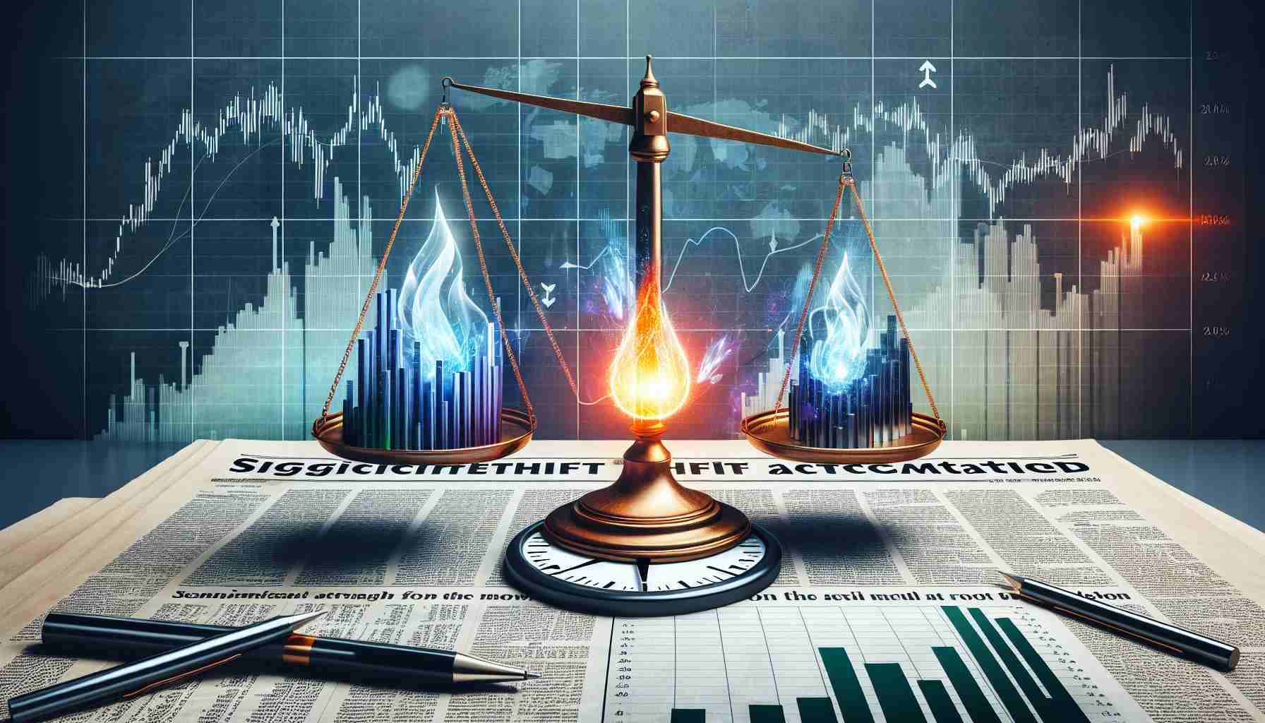 A conceptual illustration representing the market anticipation for a significant shift in a hypothetical energy company. Display a balanced scale, on top of a newspaper headlined 'Significant Shift Anticipated'. Have stock market graphs and charts in the background, with arrows indicating upward and downward trends. Amplify the sense of anticipation with a countdown clock, and place a glowing symbol representing energy at the heart of the scene.