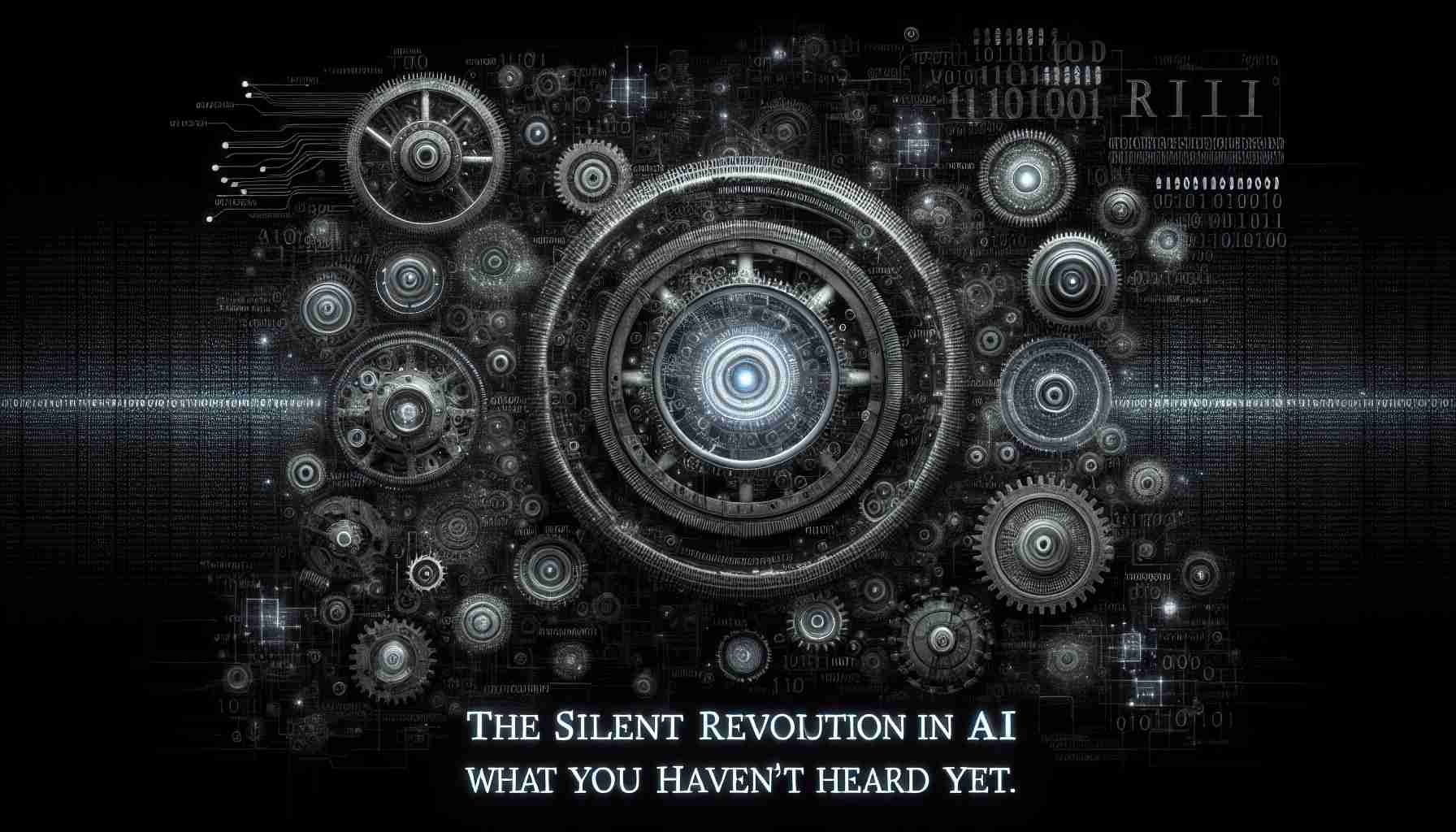 A high-definition, realistic photograph representing the Silent Revolution in Artificial Intelligence. Visualize this as a conceptual art piece featuring a multitude of gears, circuits, and binary code, symbolizing the unseen advancements in technology. The backdrop could be a dark void, signifying how much we've yet to uncover about this revolution. Superimpose the title 'The Silent Revolution in AI. What You Haven't Heard Yet.' across the image, spotlighting the euphonic irony of its silence amidst the technological whirl.