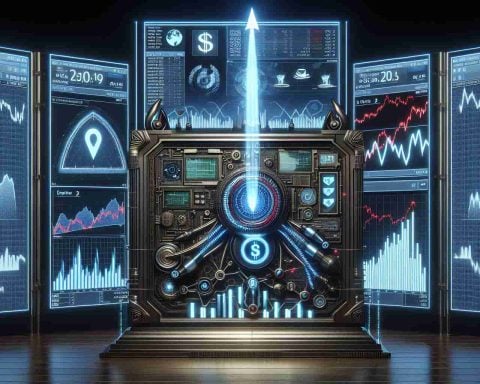 Generate a hyper-realistic 3D render of a mysterious secret weapon crafted with advanced technology imagery. Around it, display representations of bullish market trends like graphs showing upward spikes and stocks soaring. Everything is set against the backdrop of a high-definition screen displaying real-time market data. Please note, this scene does not reference any specific companies or products but only elicits the concept of a powerful technological tool influencing the stock market.