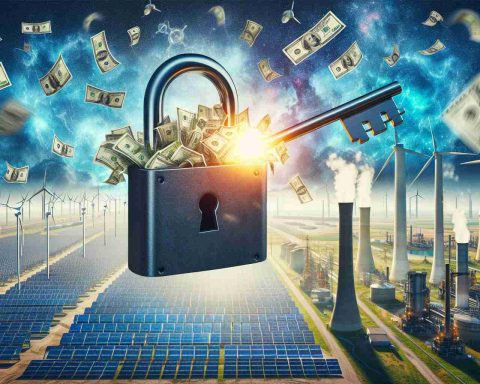 Generate a high-definition realistic image depicting the concept of 'Unlocking Clean Energy Cash'. The scene should include symbols such as a giant key unlocking a padlock, dollar bills flying out, surrounded by renewable energy sources such as solar panels and wind turbines, contrasting with faint, distant images of traditional energy utilities like coal plants and oil refineries. The setting should imply a question: 'Are Utilities Missing Out?'