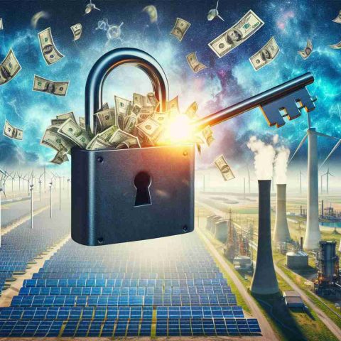 Generate a high-definition realistic image depicting the concept of 'Unlocking Clean Energy Cash'. The scene should include symbols such as a giant key unlocking a padlock, dollar bills flying out, surrounded by renewable energy sources such as solar panels and wind turbines, contrasting with faint, distant images of traditional energy utilities like coal plants and oil refineries. The setting should imply a question: 'Are Utilities Missing Out?'