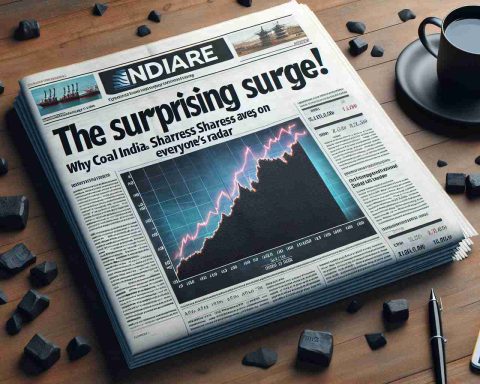 A high definition, realistic image of a newspaper headline that reads 'The Surprising Surge! Why Coal India Shares Are on Everyone's Radar'. It should show a graph showing the rise in shares, some related market statistics, and a background image related to the coal industry.