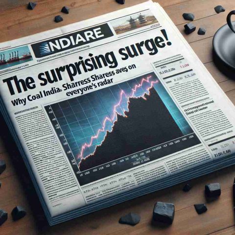 A high definition, realistic image of a newspaper headline that reads 'The Surprising Surge! Why Coal India Shares Are on Everyone's Radar'. It should show a graph showing the rise in shares, some related market statistics, and a background image related to the coal industry.