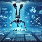 An HD realistic scene of an investor deep-diving metaphorically into a sea of financial data charts and information with Equinor's logo as the focal point. The dive symbolizes the strategic investing exploration into Equinor's profile featuring stock performance graphs, significant news, and key financial numbers.