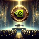 Create a high-definition, photorealistic image of an important announcement. Show a significant change in technology, represented by the Nvidia logo, joining an unnamed prestigious society, indicated by a shiny, gold emblem of a select group. In the background, signify the anticipation of future advancements with a dawn breaking over a digital landscape.