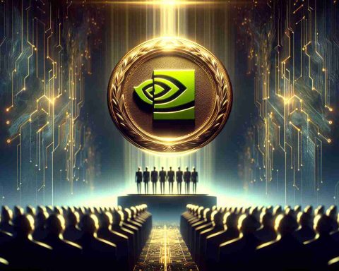 Create a high-definition, photorealistic image of an important announcement. Show a significant change in technology, represented by the Nvidia logo, joining an unnamed prestigious society, indicated by a shiny, gold emblem of a select group. In the background, signify the anticipation of future advancements with a dawn breaking over a digital landscape.