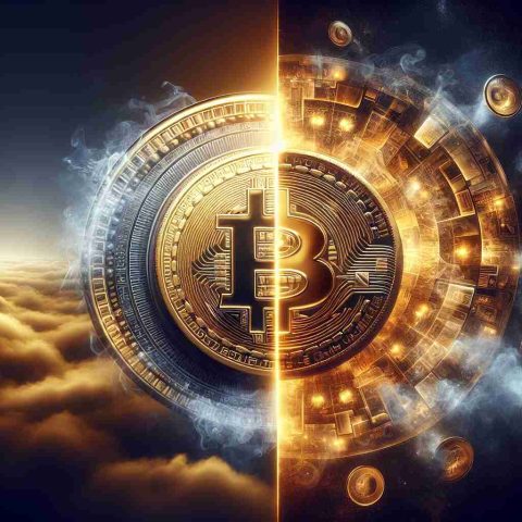 Create a realistic, high-definition image illustrating the concept of cryptocurrency's potential moment of glory. In one half of the image, depict a shiny golden coin embossed with the universal symbol for cryptocurrency, bathed in a warm, radiant light to represent 'time to shine'. On the other half, create an intricate illusion of reflected images and deceptive shapes, cast in hazy, swirling fog to represent the 'smoke and mirrors' aspect of the concept.