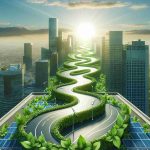 Realistic high-definition image displaying a metaphorical representation of the concept 'A Major Financial Corporation Paving the Way to a Greener Future'. Picture a large, winding road made of green leaves and solar panels, leading towards a brighter, cleaner horizon. The road originates from a corporate building with the visual aesthetics of a major financial institution. All elements in the picture should symbolize environmental sustainability and the transition to a cleaner future.