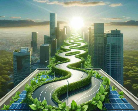 Realistic high-definition image displaying a metaphorical representation of the concept 'A Major Financial Corporation Paving the Way to a Greener Future'. Picture a large, winding road made of green leaves and solar panels, leading towards a brighter, cleaner horizon. The road originates from a corporate building with the visual aesthetics of a major financial institution. All elements in the picture should symbolize environmental sustainability and the transition to a cleaner future.