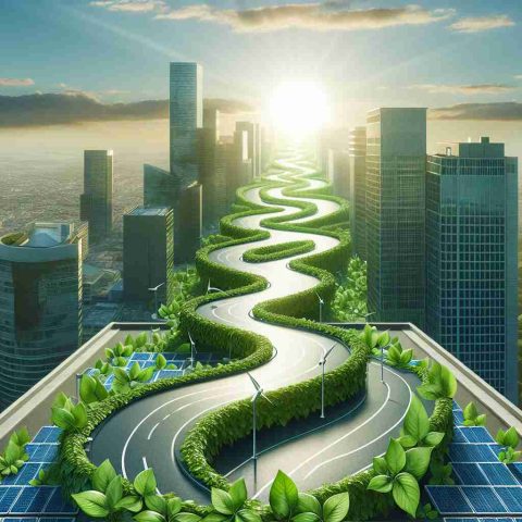 Realistic high-definition image displaying a metaphorical representation of the concept 'A Major Financial Corporation Paving the Way to a Greener Future'. Picture a large, winding road made of green leaves and solar panels, leading towards a brighter, cleaner horizon. The road originates from a corporate building with the visual aesthetics of a major financial institution. All elements in the picture should symbolize environmental sustainability and the transition to a cleaner future.