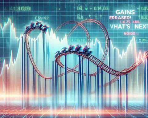 Generate a realistic high-definition image representing the ups and downs of the stock market. Include a roller coaster that visually symbolizes fluctuations in stock prices, with highs representing gains and lows signifying losses. Overlay this scene with text that reads 'Gains Erased! What’s Next?' to reflect investor uncertainty about the future of the market.