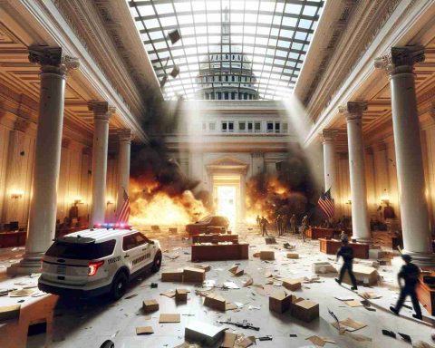 A realistic HD image depicting a sudden event causing disruptions within a government building, interpreted as a potential hazard for the solar industry.