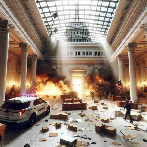 A realistic HD image depicting a sudden event causing disruptions within a government building, interpreted as a potential hazard for the solar industry.