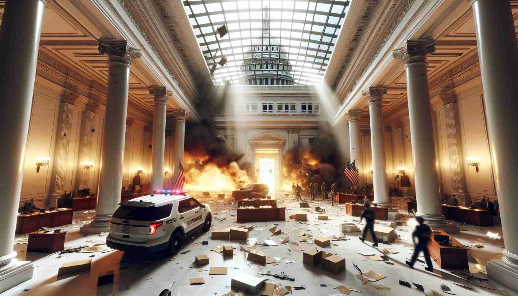 A realistic HD image depicting a sudden event causing disruptions within a government building, interpreted as a potential hazard for the solar industry.