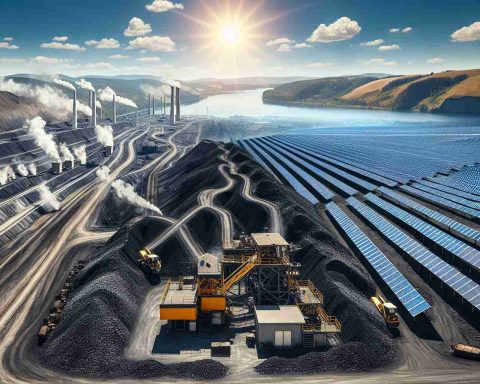 Generate a high-definition, realistic image showing the transformation of a former coal mine into a solar power farm. Depict this in a way that shows the contrast between the dark, dusty coal fields of its past and the bright, shiny solar panels of its present. The sky above should be a clear blue, indicating a positive change in the environment. In the foreground, replace old mining equipment with sleek, modern solar technology. Please illustrate this transformative shift from coal to solar energy.