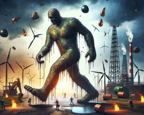 An illustrative image representing the metaphor 'Oil Giant Stumbles'. Envision a colossal figure made of oil, tripping or stumbling. This figure could be located in a setting that suggests energy and industry, perhaps an oil field or offshore drilling rig. The backdrop would be filled with symbols of energy and power such as wind turbines, solar panels, or power grids. The mood of the image should be tense, speaking to the uncertainty of the phrase ‘What’s Next for This Energy Player?’