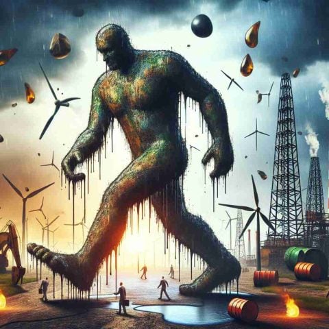 An illustrative image representing the metaphor 'Oil Giant Stumbles'. Envision a colossal figure made of oil, tripping or stumbling. This figure could be located in a setting that suggests energy and industry, perhaps an oil field or offshore drilling rig. The backdrop would be filled with symbols of energy and power such as wind turbines, solar panels, or power grids. The mood of the image should be tense, speaking to the uncertainty of the phrase ‘What’s Next for This Energy Player?’