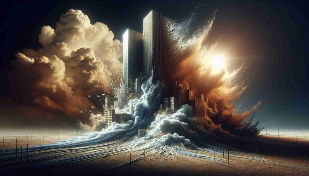 An HD photorealistic image showing the concept of a large, abstract representation of a financial institution with a hidden risk factor. The institution is depicted as a towering skyscraper with a shaky foundation, indicating turbulence or recent changes. The atmosphere should be dramatic, showcasing the aura of uncertainty and potential danger.