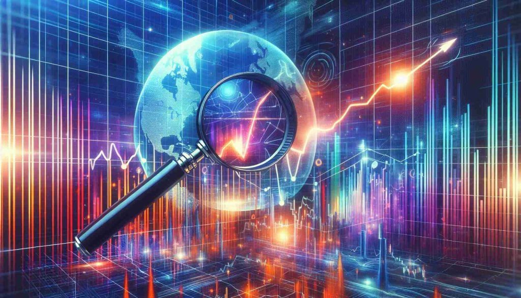 A detailed concept of a high-definition visualization on the theme of energy stocks surging. Include a depiction of a line chart with an upward trajectory, representing growth in the energy sector. Nearby, include a magnifying glass focusing on a portion of the chart, symbolising the search for a hidden investment opportunity. Use vibrant colors to evoke the sensation of discovery and potential wealth.