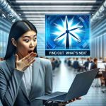 A high-resolution, realistic image representing a surprising announcement from a leading energy firm. This can include, on the forefront, a shocked face of an Asian female employee reading the news on her laptop, while in the background, a bustling corporate office can be seen. The firm's symbolic logo, hinting at renewable energy like a stylized sun or wind turbine, may be subtly positioned on the office walls and her laptop. Meanwhile, a digital ticker board displays the text 'Find Out What’s Next', building an air of suspense and excitement.