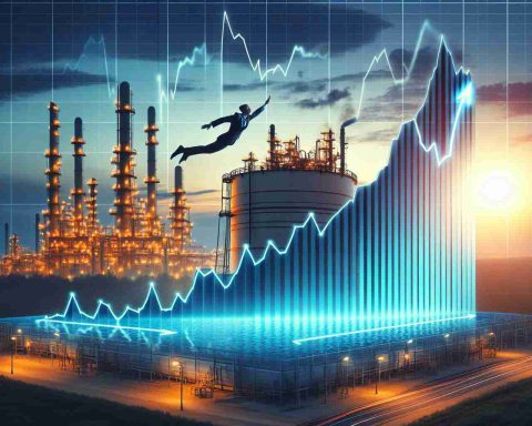 A high-definition, realistic image representing the concept of investing in natural gas at the current time. Illustrate a graph showing a rising trend signalizing positive performance of the natural gas market over a background of a large natural gas field at dusk. Include a diving board metaphorically positioned at the start of the rising trend, and a figure in a business suit poised to jump into the graph curve.