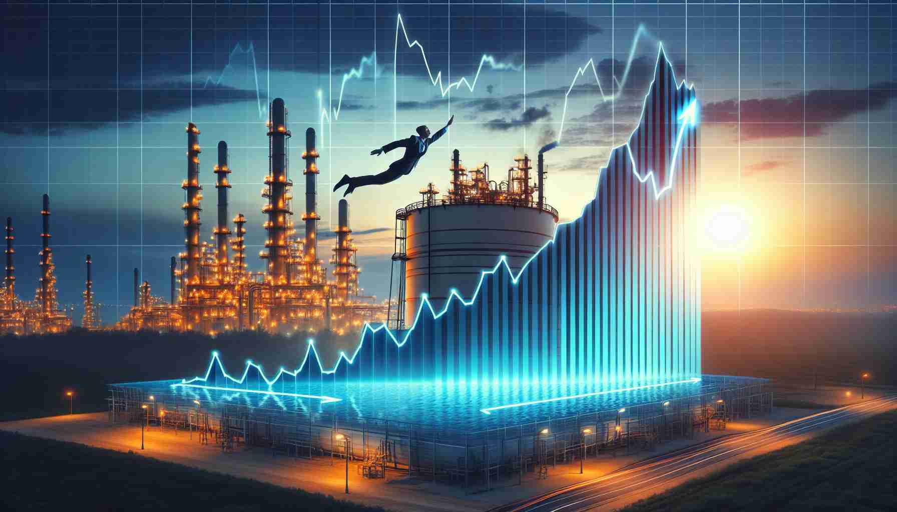 A high-definition, realistic image representing the concept of investing in natural gas at the current time. Illustrate a graph showing a rising trend signalizing positive performance of the natural gas market over a background of a large natural gas field at dusk. Include a diving board metaphorically positioned at the start of the rising trend, and a figure in a business suit poised to jump into the graph curve.