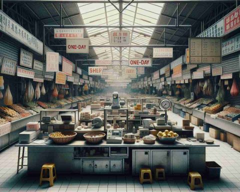 An ultra high-definition realistic photo showcasing marketplace scenes on a day of rest. The image captures various stalls, each well-stocked with goods but devoid of hustle and bustle. Signs indicating a one-day closure hang prominently across the scene. Further detail shows idle weighing scales, shuttered counters, and still cash registers, effectively reflecting a day with no business.