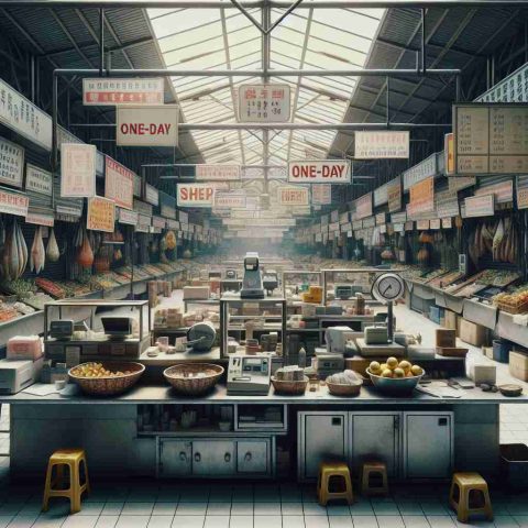 An ultra high-definition realistic photo showcasing marketplace scenes on a day of rest. The image captures various stalls, each well-stocked with goods but devoid of hustle and bustle. Signs indicating a one-day closure hang prominently across the scene. Further detail shows idle weighing scales, shuttered counters, and still cash registers, effectively reflecting a day with no business.