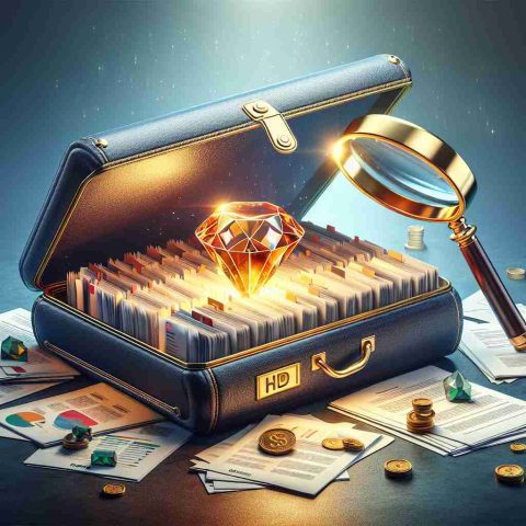 A realistic HD illustration that symbolizes the concept of oil and gas royalties as the hidden gem of an investment portfolio. The scene depicts a portfolio filled with documents symbolizing various investments, and inside it, a glowing gem that represents oil and gas royalties. There is also a magnifying glass over the portfolio, highlighting the hidden gem.