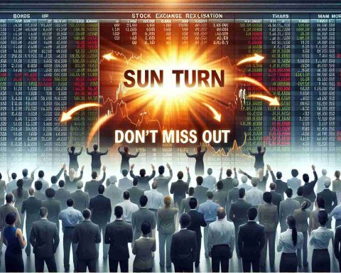 Create a high-definition, realistic conceptual representation of a surprising sun turn also known as IPO seekers. Use a stock exchange backdrop with people of varying descents and genders exchanging stocks or bonds. The focus of the image should be the surprise element, as if they're looking at something astonishing on the exchange boards. The phrase 'Don't Miss Out' should be boldly written on the lower part of the image, drawing attention. This entire scene should convey a significant event happening in the stock market.