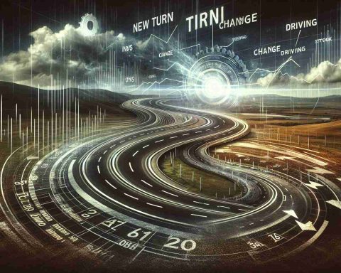 A high-definition, realistic image showing the abstract concept of a turn in the Coinbase stock. Depict a winding road as a representation of the stock's path, with markings denoting the ups and downs of stock values. The road is in an open landscape with a dynamic, changing sky indicating volatility. Language such as 'New Turn', 'Change' and 'Driving Force' appears as bold, floating 3D text around the image. Include abstract representations of the forces driving the change, such as gears or strong winds.