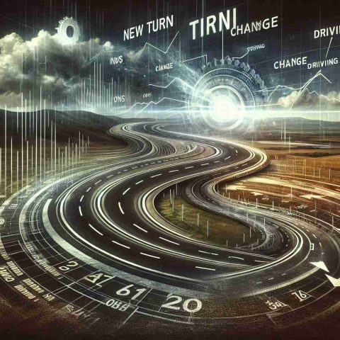 A high-definition, realistic image showing the abstract concept of a turn in the Coinbase stock. Depict a winding road as a representation of the stock's path, with markings denoting the ups and downs of stock values. The road is in an open landscape with a dynamic, changing sky indicating volatility. Language such as 'New Turn', 'Change' and 'Driving Force' appears as bold, floating 3D text around the image. Include abstract representations of the forces driving the change, such as gears or strong winds.