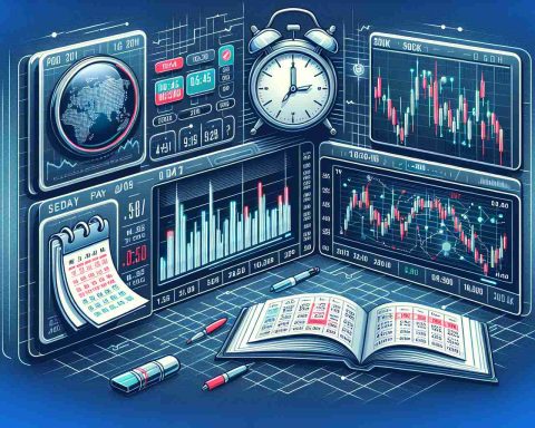 Create an image representing the concept 'Was the Stock Exchange Open Today?' with additional elements such as a clock showing the current time, a calendar opened to the current date, and a visualization of a stock market ticker running across the bottom. Please ensure it's in high definition and has a realistic style.