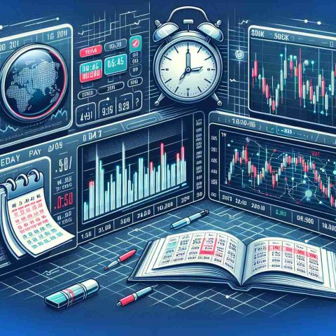 Create an image representing the concept 'Was the Stock Exchange Open Today?' with additional elements such as a clock showing the current time, a calendar opened to the current date, and a visualization of a stock market ticker running across the bottom. Please ensure it's in high definition and has a realistic style.