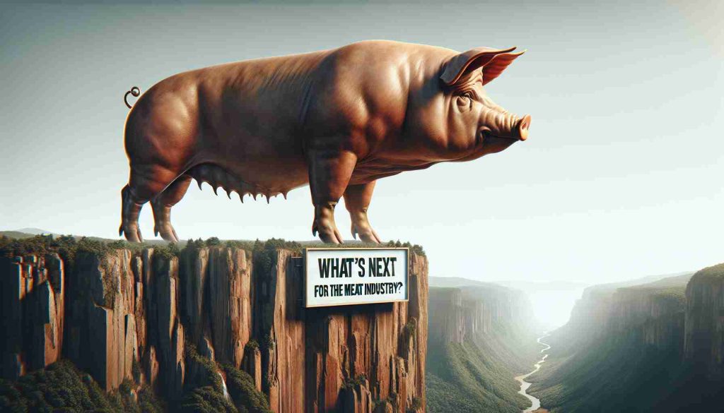 A highly detailed, realistic image of a giant pig symbolizing a large meat company, embarking on a bold new venture. The massive hog stands poised and ready on the edge of a cliff overlooking a valley. In the background, a sign reads, 'What's Next for the Meat Industry?' The mood is suspenseful and anticipatory.