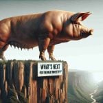 A highly detailed, realistic image of a giant pig symbolizing a large meat company, embarking on a bold new venture. The massive hog stands poised and ready on the edge of a cliff overlooking a valley. In the background, a sign reads, 'What's Next for the Meat Industry?' The mood is suspenseful and anticipatory.