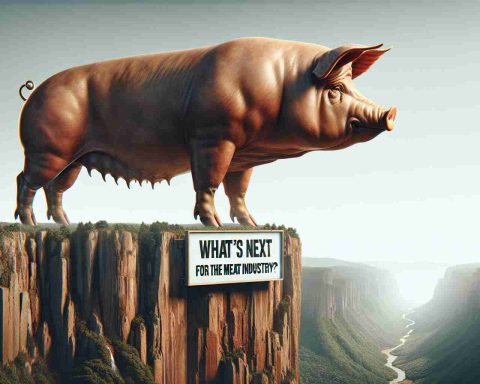 A highly detailed, realistic image of a giant pig symbolizing a large meat company, embarking on a bold new venture. The massive hog stands poised and ready on the edge of a cliff overlooking a valley. In the background, a sign reads, 'What's Next for the Meat Industry?' The mood is suspenseful and anticipatory.