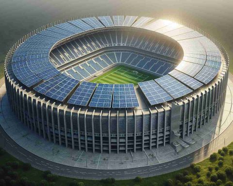 Realistic, high-definition image of a large stadium implementing green energy solutions. The stadium is creatively designed with vertical arrays of solar panels taking center stage, capturing abundant sunlight and providing sustainable power. These eco-friendly installations proudly signify the lead of the stadium in the charge towards green power.